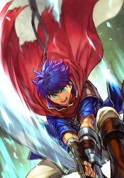 Rule 34 | 1boy, armor, blue eyes, blue hair, boots, cape, fingerless gloves, fire emblem, fire emblem: path of radiance, fire emblem: radiant dawn, gloves, headband, holding, holding sword, holding weapon, hungry clicker, ike (fire emblem), male focus, muscular, nintendo, pants, ragnell, simple background, solo, sword, weapon, white pants
