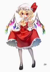 Rule 34 | 1girl, alternate neckwear, black footwear, blonde hair, bow, bowtie, budou zerii 98yen, clothes lift, collared shirt, crystal, flandre scarlet, frilled shirt collar, frilled skirt, frilled sleeves, frills, full body, grey pantyhose, hair between eyes, hat, lifted by self, long hair, mob cap, one side up, open mouth, pantyhose, puffy short sleeves, puffy sleeves, red eyes, red skirt, red vest, shirt, shoes, short sleeves, signature, simple background, skirt, skirt lift, smile, solo, touhou, vest, white background, white hat, white shirt, wings, yellow bow, yellow bowtie