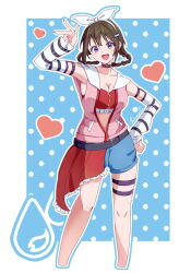 1girl arm_up arm_warmers bikini black_choker blue_background blue_eyes blue_shorts border bow_hairband breasts brown_hair choker cleavage collarbone commentary_request cropped_legs hairband hand_on_own_hip heart highres jacket looking_at_viewer love_live! love_live!_nijigasaki_high_school_idol_club love_live!_nijigasaki_high_school_idol_club_the_movie_-_finale luozomi medium_breasts official_alternate_costume official_alternate_hairstyle open_clothes open_jacket osaka_shizuku outside_border pink_jacket polka_dot polka_dot_background red_bikini shorts sidelocks sleeveless sleeveless_jacket solo standing swimsuit upper_body water_drop white_border white_hairband