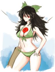 Rule 34 | 1girl, arm cannon, bad id, bad pixiv id, between breasts, bikini, black hair, breasts, front-tie top, green bikini, hand on own hip, hoshitetsu ringo, large breasts, lipstick, long hair, looking at viewer, makeup, messy hair, navel, no wings, red eyes, reiuji utsuho, solo, standing, stomach, swimsuit, third eye, touhou, weapon