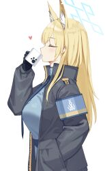 Rule 34 | 1girl, absurdres, animal ear fluff, animal ears, arm up, armband, black gloves, black jacket, blonde hair, blue archive, blue armband, blue halo, blue necktie, blue shirt, blush, breasts, closed eyes, collared shirt, commentary, cup, drink, drinking, from side, gloves, halo, hand in pocket, heart, highres, holding, holding cup, jacket, kanna (blue archive), large breasts, long hair, long sleeves, necktie, open clothes, open jacket, profile, shirt, siguya, simple background, solo, standing, unzipped, upper body, white background, zipper