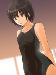 Rule 34 | 1girl, amagami, black eyes, black hair, black one-piece swimsuit, blush, bob cut, breasts, commentary request, competition swimsuit, covered navel, highres, looking at viewer, medium breasts, nanasaki ai, one-piece swimsuit, short hair, simple background, smile, solo, swimsuit, takenoko saba otto