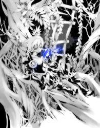 Rule 34 | 1boy, armor, bad id, bad pixiv id, boots, feathers, forest, gloves, male focus, monochrome, nature, oboro keisuke, odin sphere, oswald, short hair, sitting, smile, solo, spot color, thinking, tree