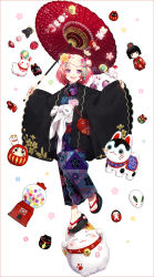 Rule 34 | 1girl, daruma doll, doll, doyagao, fish, flower, full body, geta, hair flower, hair ornament, hakusai (tiahszld), highres, holding, holding umbrella, japanese clothes, kimono, long sleeves, looking at viewer, md5 mismatch, mole, mole under mouth, nail polish, no socks, obi, oil-paper umbrella, open mouth, original, pink eyes, pink hair, purple eyes, red nails, resolution mismatch, sash, short hair, smile, smug, snow rabbit, solo, source smaller, standing, standing on one leg, toenail polish, toenails, umbrella, white background, wide sleeves