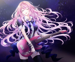 Rule 34 | 1girl, bass guitar, belt, belt buckle, black belt, black thighhighs, blue skirt, bow, bowtie, bracelet, breasts, buckle, buttons, chain necklace, closed eyes, collarbone, collared shirt, commentary, cowboy shot, electric guitar, floating hair, guitar, hair ornament, highres, holding, holding instrument, holding plectrum, instrument, jacket, jewelry, light blush, long hair, loose bowtie, medium breasts, megurine luka, necklace, night, night sky, open mouth, pink hair, plectrum, project sekai, purple bow, purple bowtie, sapphirez39, shirt, short sleeves, skirt, sky, solo, star (sky), starry sky, thighhighs, very long hair, vocaloid, white shirt, zettai ryouiki