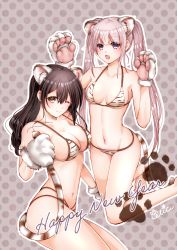 Rule 34 | 2girls, alicexxxfragment, animal ears, animal print, bikini, black eyes, black hair, breasts, brown eyes, chinese zodiac, commentary request, grey background, halterneck, happy new year, highres, large breasts, long hair, looking at viewer, multiple girls, new year, original, silver hair, string bikini, swimsuit, tail, tiger ears, tiger print, tiger tail, twintails, white bikini, year of the tiger