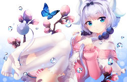 Rule 34 | 10s, 1girl, beads, black bow, black hairband, blouse, blue eyes, blunt bangs, blush, bow, buttons, capelet, center frills, cherry blossoms, chestnut mouth, closed mouth, cross-laced clothes, dragon girl, dragon horns, dress, feet, frilled capelet, frilled skirt, frills, fur trim, gothic lolita, gradient hair, hair beads, hair bow, hair ornament, hairband, hands in hair, hands up, heart, heart-shaped pupils, holding, holding hair, horns, jitome, kanna kamui, knees up, kobayashi-san chi no maidragon, light purple hair, lolita fashion, long hair, long sleeves, looking at viewer, low twintails, microdress, midair, multicolored hair, no shoes, panties, pantyshot, pink panties, purple hair, shirt, skirt, solo, squchan, striped clothes, striped panties, symbol-shaped pupils, tail, thighhighs, tsurime, twintails, underwear, water drop, white hair, white thighhighs