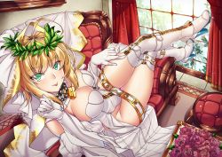 Rule 34 | 10s, 1girl, :p, ahoge, bad id, bad pixiv id, belt, belt skirt, blonde hair, blush, boots, bow, branch, breasts, bridal veil, buckle, chain, chair, cleavage, clenched hand, closed mouth, couch, crossed legs, curtains, day, detached collar, detached sleeves, dress, elbow gloves, eyes visible through hair, fate/extella, fate/extra, fate/extra ccc, fate (series), flower, frills, fringe trim, from above, from side, full body, gloves, green eyes, groin, hair bow, hair intakes, hand on own thigh, hand up, high heels, highleg, highleg leotard, highres, indoors, knee boots, large breasts, laurel crown, leaning back, leotard, lock, looking at viewer, looking back, nero claudius (bride) (fate), nero claudius (bride) (third ascension) (fate), nero claudius (fate), nero claudius (fate) (all), on couch, padlock, pink flower, pink rose, pleated skirt, puffy detached sleeves, puffy sleeves, rose, rug, shiny skin, shirokuma a, short hair with long locks, showgirl skirt, sideboob, sidelocks, sitting, skirt, smile, solo, stool, strapless, strapless leotard, studded belt, table, thighhighs, thighs, tongue, tongue out, veil, white bow, white dress, white gloves, white leotard, white skirt, white thighhighs, wide sleeves, window, wreath, zipper, zipper pull tab