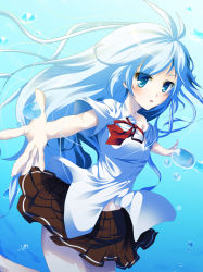 Rule 34 | 10s, :o, ahoge, antenna hair, bad id, bad pixiv id, bare legs, bare shoulders, blue eyes, blue hair, blush, bow, denpa onna to seishun otoko, long hair, off shoulder, open clothes, open mouth, outstretched hand, school uniform, skirt, solo, toda ayu, touwa erio, very long hair, water