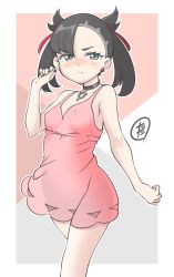 Rule 34 | 1girl, absurdres, asymmetrical bangs, bare arms, black choker, black hair, black nails, blush, choker, closed mouth, commentary request, covered erect nipples, creatures (company), dress, earrings, eyelashes, game freak, green eyes, hair ribbon, hand up, highres, jewelry, looking at viewer, marnie (pokemon), nail polish, nintendo, pink dress, pokemon, pokemon swsh, red ribbon, ribbon, solo, tax2rin, twintails