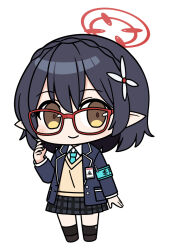 Rule 34 | 1girl, ayane (blue archive), bell (oppore coppore), black footwear, black hair, black jacket, black skirt, black socks, blue archive, blue necktie, blue sweater, chibi, closed mouth, collared shirt, full body, glasses, halo, jacket, long sleeves, looking at viewer, necktie, open clothes, open jacket, pleated skirt, pointy ears, red-framed eyewear, red halo, shirt, shoes, short hair, simple background, skirt, smile, socks, solo, sweater, vest, white background, white shirt, yellow eyes, yellow vest