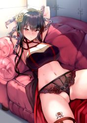 Rule 34 | 1girl, arms up, black thighhighs, breasts, chain, chained, cleavage, closed mouth, commentary request, couch, dress, flower, flower tattoo, gold hairband, hair flower, hair ornament, hairband, highres, large breasts, leg tattoo, lying, navel, on back, paid reward available, panties, rei (rei&#039;s room), rose, solo, spikes, spy x family, stomach, sweat, tattoo, thighhighs, two-sided dress, two-sided fabric, underwear, yor briar