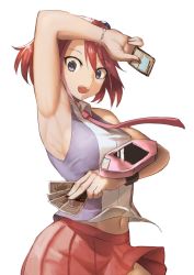 Rule 34 | 1girl, :d, armpits, blue eyes, bracelet, card, duel disk, hiiragi yuzu, jewelry, midriff, navel, open mouth, pink hair, ranma (kamenrideroz), short twintails, simple background, smile, solo, twintails, yu-gi-oh!, yu-gi-oh! arc-v