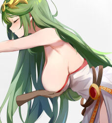 Rule 34 | 1girl, 1other, bare shoulders, belt, breasts, circlet, cleavage, closed eyes, closed mouth, dress, from side, grabbing, grabbing another&#039;s breast, green hair, highres, kid icarus, large breasts, leaning forward, long hair, nintendo, palutena, profile, simple background, solo focus, strapless, strapless dress, tomas (kaosu22), upper body, very long hair, white background, white dress