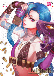 Rule 34 | 1girl, bare shoulders, bikini, bikini top only, blue hair, braid, bullet, canking, fingerless gloves, flat chest, gloves, hairline, jewelry, jinx (league of legends), league of legends, long hair, navel, necklace, solo, swimsuit, tattoo, twin braids, very long hair, weapon