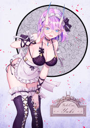 Rule 34 | 1girl, absurdres, apron, black bra, black choker, black footwear, black panties, black ribbon, blue eyes, blue nails, blush, boots, bra, breasts, capitan wei, choker, cleavage, collarbone, cross-laced footwear, demon girl, detached sleeves, full body, glasses, hair between eyes, hair ribbon, hand on own thigh, highres, horns, large breasts, leaning forward, light purple hair, looking at viewer, maid, maid headdress, nail polish, open mouth, original, panties, petals, pointy ears, puffy short sleeves, puffy sleeves, ribbon, short hair, short sleeves, side-tie panties, skin-covered horns, solo, standing, thigh boots, thighhighs, underwear, waist apron, white thighhighs, wristband