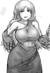 Rule 34 | 1girl, bare shoulders, breasts, cowboy shot, detached sleeves, greyscale, hand on own hip, large breasts, long hair, long sleeves, looking at viewer, monochrome, open mouth, sakata nemuno, simple background, skirt, solo, touhou, white background, yuugatou (yuuzutu)