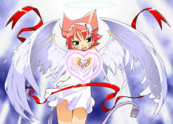 Rule 34 | 1girl, angel, angel wings, blouse, dress, green eyes, halo, heart, heart hands, kokono (section9), looking at viewer, love beam, open mouth, outstretched arms, pink hair, ribbon, section9, shirt, short hair, solo, suzuki noritaka, wings