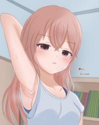 Rule 34 | 1girl, arm up, armpits, blue shirt, blush, book, bookshelf, breasts, brown eyes, ceiling, collarbone, from below, hair between eyes, highres, hot, indoors, inui sajuna, looking at viewer, parted lips, pink hair, presenting armpit, shelf, shirt, small breasts, sono bisque doll wa koi wo suru, sweat, t-shirt, unknownguy14