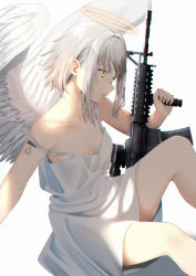 Rule 34 | 1girl, angel, angel wings, bad id, bad pixiv id, barcode, barcode tattoo, bare shoulders, bright pupils, commentary, dress, english commentary, feathered wings, from side, grey hair, gun, halo, highres, holding, holding gun, holding weapon, looking away, original, redlammy, sidelocks, sitting, sleeveless, sleeveless dress, solo, strap slip, tattoo, weapon, weapon request, white background, white dress, white wings, wings, yellow eyes