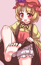 Rule 34 | 1girl, :d, akabashi yuusuke, aki minoriko, barefoot, blonde hair, blush, clothes lift, feet, foot focus, hat, highres, looking at viewer, open mouth, pov, red eyes, short hair, skirt, skirt lift, smile, soles, toes, touhou