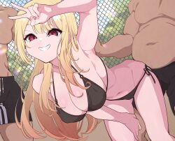 1boy 2girls absurdres armpits bikini black_bikini black_shorts blonde_hair breasts chain-link_fence cleavage commentary cowboy_shot fat fat_man fence grin hand_on_own_thigh head_out_of_frame highres kitagawa_marin large_breasts long_hair looking_at_viewer male_swimwear mekato multiple_girls navel o-ring o-ring_bikini red_eyes shorts side-tie_bikini_bottom smile solo_focus sono_bisque_doll_wa_koi_wo_suru swimsuit topless_male v_over_head