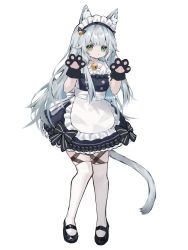 Rule 34 | 1girl, alternate costume, animal ear fluff, animal ears, animal hands, apron, arknights, black gloves, cat ears, cat girl, cat tail, claw pose, closed mouth, commentary request, enmaided, full body, gloves, grey hair, highres, long hair, looking at viewer, maid, maid day, maid headdress, mary janes, paw gloves, riinougat, rosmontis (arknights), shoes, solo, tail, thigh strap, thighhighs, very long hair