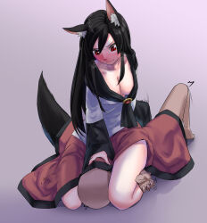 Rule 34 | 1boy, 1girl, animal ear fluff, animal ears, bald, black hair, blush, breasts, breath, brooch, cleavage, closed mouth, commentary request, full body, gem, girl on top, gradient background, hetero, highres, imaizumi kagerou, implied handjob, jewelry, large breasts, long hair, long skirt, looking at another, lying, motion blur, nose blush, on back, purple background, red eyes, red gemstone, red skirt, shirt, sitting, sitting on face, sitting on person, skirt, smile, tail, tenamaru, touhou, white shirt, wolf ears, wolf girl, wolf tail