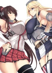 Rule 34 | 10s, 2girls, armpits, blonde hair, blue eyes, breast press, breasts, brown hair, cherry blossoms, detached sleeves, embarrassed, eye contact, face-to-face, fingerless gloves, flower, gloves, hair flower, hair ornament, headgear, highres, iowa (kancolle), kantai collection, kinntarou, large breasts, long hair, looking at another, multiple girls, ponytail, smile, symmetrical docking, thighhighs, yamato (kancolle)