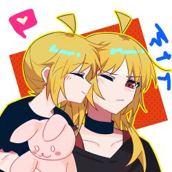 Rule 34 | 2girls, ahoge, black choker, black shirt, blonde hair, bocchi the rock!, chinese commentary, choker, closed eyes, closed mouth, commentary request, frown, heart, holding, holding stuffed toy, ijichi nijika, ijichi seika, long hair, multiple girls, one eye closed, red background, red eyes, shirt, siblings, sisters, smile, spoken heart, squiggle, stuffed animal, stuffed rabbit, stuffed toy, two-tone background, white background, xmyishipi