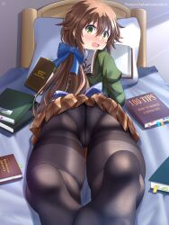 Rule 34 | 1girl, artist name, ass, back bow, black pantyhose, blue bow, blush, book, bow, brown hair, brown skirt, cameltoe, commentary, eiyuu densetsu, embarrassed, english text, falcom, feet, foreshortening, from behind, full-face blush, green eyes, hair between eyes, hair bow, helvetica std, highres, indoors, long hair, looking at viewer, looking back, low ponytail, lying, miniskirt, no shoes, on bed, on stomach, open book, open mouth, painttool sai (medium), panties, panties under pantyhose, pantyhose, plaid, plaid skirt, pleated skirt, school uniform, sen no kiseki, sidelighting, skirt, soles, solo, thighband pantyhose, thighs, towa herschel, underwear, upskirt, wide-eyed