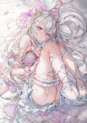 Rule 34 | 1girl, ass, bare shoulders, blush, bow, bra, breasts, cleavage, detached collar, double bun, frilled bow, frills, garter straps, glass footwear, grey hair, hair between eyes, hair bow, hair bun, hand on own knee, hand on own thigh, heart-shaped ornament, high heels, highres, hiyori (momoko), jewelry, long hair, looking at viewer, lying, medium breasts, momoko (momopoco), nail polish, necklace, on side, original, parted lips, pink eyes, purple bow, purple bra, sidelocks, solo, thighs, underwear