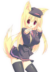 Rule 34 | 1girl, animal ears, black thighhighs, blonde hair, blush, borrowed character, breasts, fox ears, fox tail, hat, long hair, mutsuno hekisa, open mouth, original, paw pose, red eyes, simple background, skirt, smile, solo, tail, thighhighs, uniform
