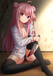 Rule 34 | 10s, 1girl, ahoge, arm up, black panties, black thighhighs, blood, blood on clothes, blood on face, breasts, cleavage, closed mouth, collarbone, commentary, double bun, dress shirt, hair bun, happy sugar life, head tilt, highres, holding, holding knife, kazenokaze, knife, long hair, long sleeves, matsuzaka satou, medium breasts, no shoes, on floor, open clothes, open shirt, panties, pink hair, red eyes, shirt, side bun, sitting, smile, solo, thighhighs, underwear, very long hair, white shirt, wooden floor