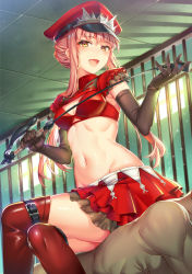 Rule 34 | 1boy, 1girl, alternate costume, black gloves, blunt bangs, blush, boots, breasts, cleavage, crossed legs, day, dominatrix, elbow gloves, fate/grand order, fate (series), femdom, gloves, groin, hat, highres, holding, holding riding crop, holding whip, human chair, human furniture, layered skirt, light particles, long hair, looking at viewer, medb (alluring chief warden look) (fate), medb (fate), medium breasts, military, military uniform, miniskirt, mokyu, muscular, navel, open mouth, peaked cap, pink hair, prison cell, red footwear, red skirt, ribs, riding crop, sidelocks, sitting, sitting on person, skirt, smile, solo focus, stomach, thigh boots, thigh strap, thighhighs, thighs, tiara, uniform, very long hair, whip, yellow eyes