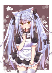 Rule 34 | 1girl, animal ears, apron, bow, cat ears, cat girl, cat tail, commentary request, eyes visible through hair, food, frilled apron, frilled skirt, frills, hair bow, hair ornament, hair ribbon, head tilt, holding, holding food, long hair, looking at viewer, m ko (maxft2), maid, maid apron, multicolored hair, original, pocky, ribbon, sidelocks, signature, silver hair, simple background, skirt, slit pupils, solo, streaked hair, tail, tail bow, tail ornament, tail ribbon, thighhighs, twintails, two-tone background, two-tone hair, white thighhighs, x hair ornament, yellow eyes, zettai ryouiki