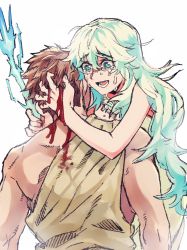 Rule 34 | 1boy, 1girl, ancient greek clothes, artemis (fate), blood, blue eyes, brown hair, chiton, crying, crying with eyes open, death, energy arrow, fate/grand order, fate (series), greco-roman clothes, hair between eyes, hug, humanization, orion (bear) (fate), shigemitsu jun, tears, toga, white hair