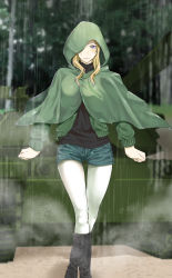 Rule 34 | 1girl, absurdres, black footwear, black shirt, blonde hair, blue eyes, blue shorts, blurry, blurry background, boots, clenched hands, closed mouth, day, denim, denim shorts, depth of field, frown, girls und panzer, green jacket, highres, hood, hood up, jacket, kay (girls und panzer), knee boots, long hair, long sleeves, looking at viewer, m4 sherman, military, military vehicle, motor vehicle, open clothes, open jacket, outdoors, pantyhose, pantyhose under shorts, rain, raincoat, saunders military uniform, shirt, short shorts, shorts, solo, standing, tank, thigh gap, touma (tsunamiharuru), tree, white pantyhose