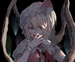 Rule 34 | blonde hair, blood, blood on clothes, blood on face, dress, eyelashes, flandre scarlet, frilled sleeves, frills, hair between eyes, hair strand, hat, highres, looking at viewer, mmmarisa, mob cap, pale skin, puffy short sleeves, puffy sleeves, red dress, red eyes, short sleeves, side ponytail, sidelocks, touhou, white hat, wings, wristband