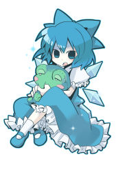 Rule 34 | 1girl, blue eyes, blue hair, cirno, female focus, full body, hair ribbon, ice, ice wings, looking at viewer, mary janes, matching hair/eyes, ribbon, shoes, simple background, sitting, solo, stuffed animal, stuffed frog, stuffed toy, touhou, white background, wings, yuzuki gao
