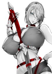 Rule 34 | 1girl, bare shoulders, between breasts, blue eyes, breasts, collar, commentary request, covered erect nipples, fei (maidoll), gauntlets, greyscale, hair over one eye, hand on own hip, highres, kurumi s. sakazaki, large breasts, lips, looking at viewer, monochrome, navel, parted lips, shiny skin, short hair, shorts, sidelocks, simple background, sleeveless, solo, taimanin (series), taimanin asagi kessen arena, taimanin rpgx, white background