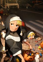 Rule 34 | 4girls, absurdres, bird, blonde hair, blush, candy, car, character request, duck, food, habit, halloween bucket, highres, khyle., little nuns (diva), looking at viewer, motor vehicle, multiple girls, night, nun, on floor, outdoors, smile, tearing up, triangle mouth, yellow eyes