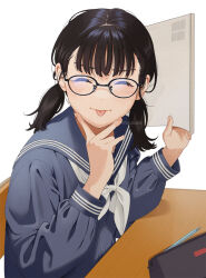 Rule 34 | 1girl, :p, ^ ^, black-framed eyewear, black hair, blue sailor collar, blue shirt, blush, chair, closed eyes, closed mouth, commentary request, desk, facing viewer, glasses, grey serafuku, hands up, holding, long sleeves, low twintails, mattaku mousuke, neckerchief, on chair, original, pencil, pencil case, puffy long sleeves, puffy sleeves, sailor collar, school chair, school desk, school uniform, serafuku, shirt, short twintails, simple background, sitting, smile, solo, tongue, tongue out, twintails, twitter username, v, v over mouth, watermark, white background, white neckerchief