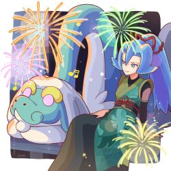 Rule 34 | 1girl, arm support, arutarika (ri kaoekaki), bench, blue hair, clair (new year&#039;s 2024) (pokemon), clair (pokemon), commentary request, creatures (company), drampa, earrings, eyelashes, fireworks, game freak, gen 7 pokemon, hair between eyes, hair ornament, highres, japanese clothes, jewelry, kimono, long hair, musical note, nintendo, official alternate costume, parted lips, pokemon, pokemon (creature), pokemon masters ex, ponytail, sash, sitting, smile