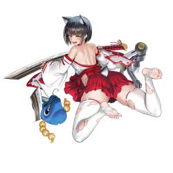 Rule 34 | 1girl, animal ear fluff, animal ears, ass, battle damage, bell, black hair, blush, bob cut, breasts, broken, broken mask, broken sword, broken weapon, defeat, detached sleeves, fangs, feet, from behind, full body, game cg, hakama, hakama short skirt, hakama skirt, highres, hip vent, holding, holding sword, holding weapon, huge weapon, injury, japanese clothes, jingle bell, last origin, looking at viewer, looking back, lying, machinery, mask, median furrow, medium breasts, miniskirt, nontraditional miko, official alternate costume, official art, on ground, open mouth, planted, planted sword, planted weapon, red ribbon, red skirt, ribbon, ribbon-trimmed legwear, ribbon trim, short hair, shoulder blades, sideboob, simple background, skindentation, skirt, slit pupils, solo, sword, tabi, tachi-e, taesi, tail, tearing up, thick eyebrows, thighhighs, torn clothes, torn sleeves, torn thighhighs, transparent background, vargr (last origin), weapon, white thighhighs, wolf ears, wolf mask, wolf tail, yellow eyes
