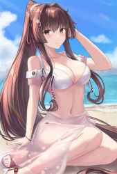 Rule 34 | 1girl, arm up, beach, bikini, blue sky, breasts, brown eyes, brown hair, cherry blossoms, cleavage, closed mouth, cloud, day, detached sleeves, flower, hair flower, hair intakes, hair ornament, high ponytail, highres, kantai collection, large breasts, light blush, long hair, monoku, nail polish, navel, outdoors, pink nails, sand, sandals, sarong, sitting, sky, smile, solo, stomach, swimsuit, very long hair, white bikini, yamato (kancolle), yokozuwari