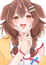 Rule 34 | 1girl, animal ears, blush, bone hair ornament, braid, brown eyes, brown hair, dog ears, dog girl, fangs, hair between eyes, hair ornament, half-closed eyes, highres, hololive, inugami korone, inugami korone (1st costume), looking at viewer, medium hair, open mouth, portrait, seisyuusai, smile, solo, tongue, tongue out, twin braids, v over mouth, virtual youtuber, white background