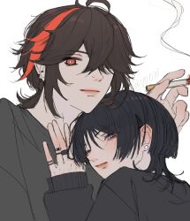 Rule 34 | 2boys, absurdres, alternate hairstyle, black hair, black shirt, brown hair, cigarette, closed mouth, earrings, genshin impact, highres, holding, holding cigarette, jewelry, kaedehara kazuha, long sleeves, looking at viewer, male focus, multicolored hair, multiple boys, multiple earrings, nose piercing, piercing, purple eyes, red eyes, red hair, ring, scaramouche (genshin impact), shirt, sketch, smoking, v00xi, white background, yaoi