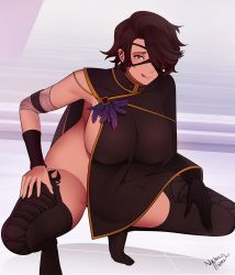 Rule 34 | 1girl, artist name, bandages, boots, breasts, brown hair, cinder fall, cloak, eyepatch, feathers, highres, large breasts, looking at viewer, nachocobana, naked cloak, naughty face, no bra, no panties, nude, rwby, short hair, sideboob, solo, squatting, thigh boots, thighhighs, tongue, tongue out, yellow eyes