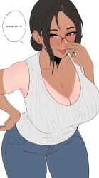 Rule 34 | 1girl, absurdres, black hair, blush, breasts, cleavage, denim, edmun6969, green eyes, hair between eyes, hair bun, hand on own hip, heart, heart-shaped pupils, highres, jeans, large breasts, leaning forward, mature female, original, pants, piercing, red-framed eyewear, smile, symbol-shaped pupils, tan, tank top, tanline, thick thighs, thighs, tongue piercing